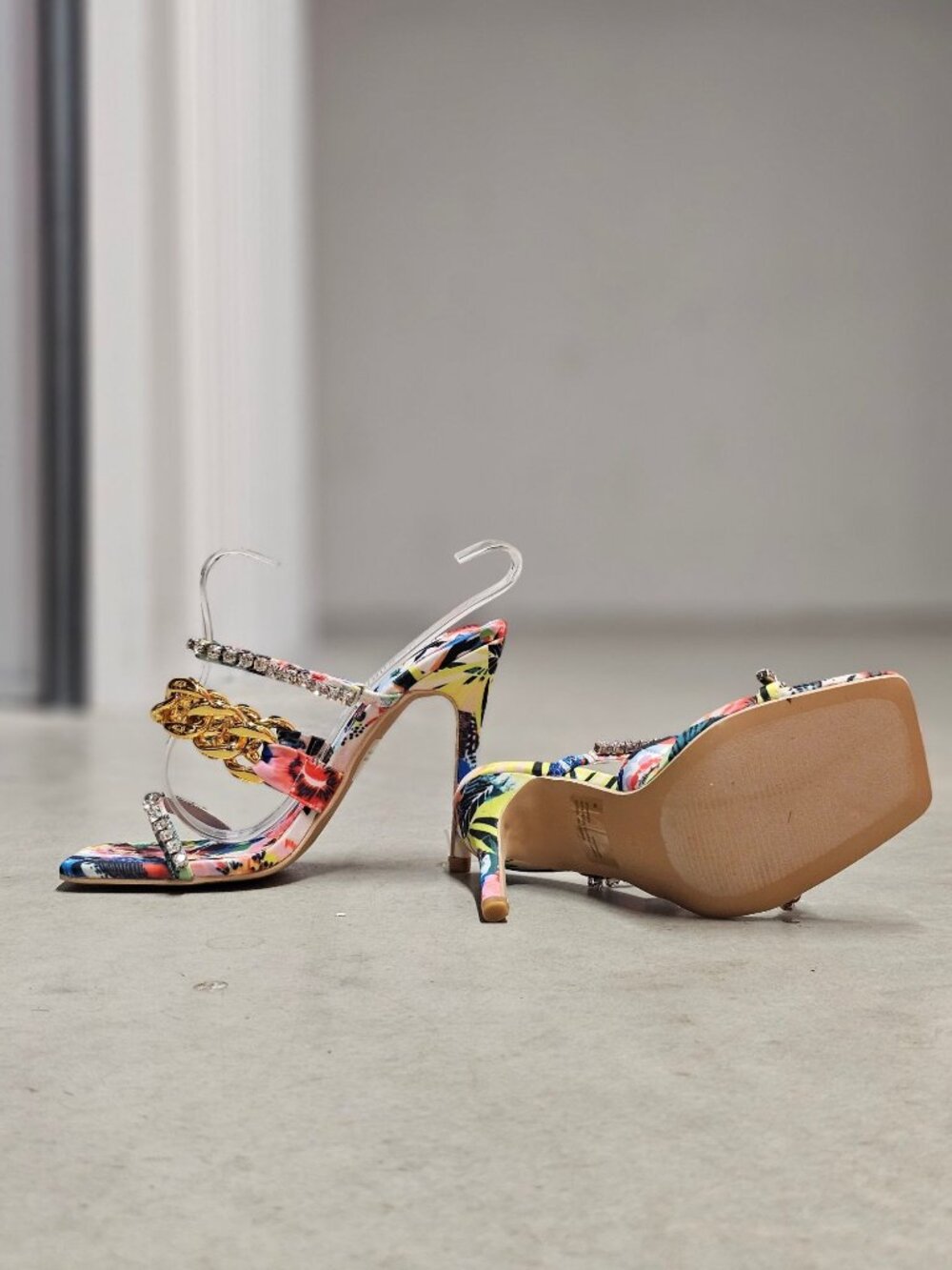 Floral Open-Toe High Heels With Rhinestone & Gold Chain Straps Multicolor Womens - Picture 7 of 14